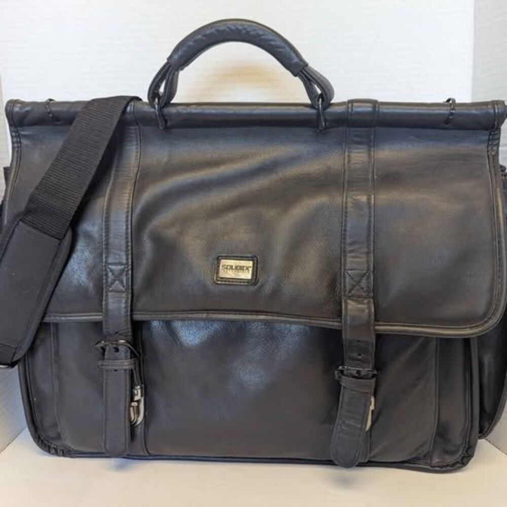 Solidex Large Black Leather Messenger Crossbody Bag Briefcase 16x12x6"